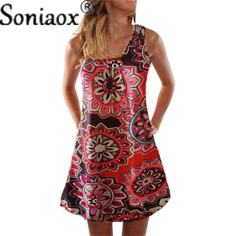 

2021 New Sexy V-Neck Sleeveless Loose A-Line Dress Beach Boho Flowers Print Dress Summer Women Casual Plus Size Dresses Vestidos