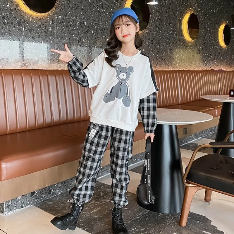 

Детская одежда для девочек, толстовка с мультяшным рисунком и брюки в клетку, детский спортивный костюм из двух предметов, корейские удобны...