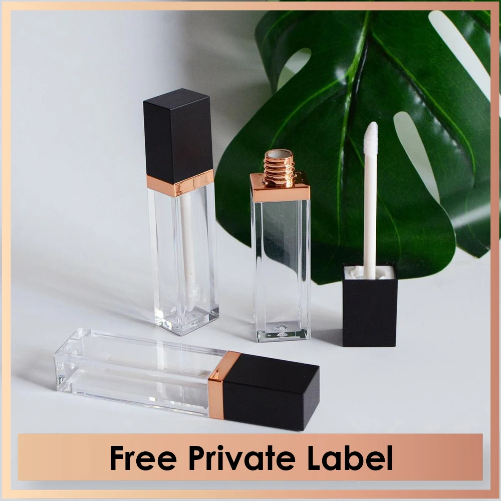 

Private Label Luxury Clear Square Empty Gloss Wand Tubes Black Cap Rose Gold Ring Lip Care Lip Balm Tubes Container Packaging
