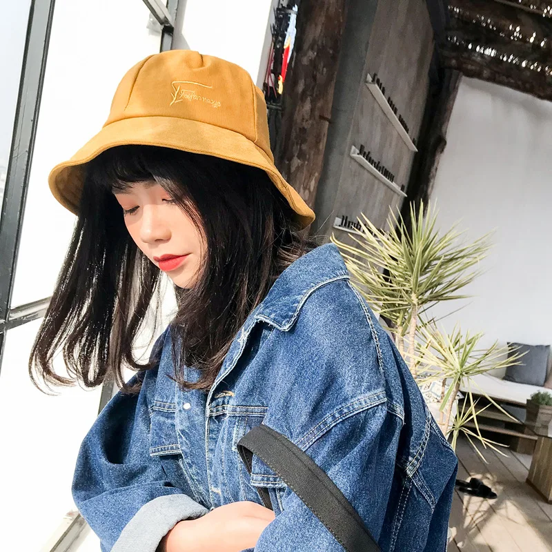 

Women Hats Winter 2019 Autumn Buckets Fishing Outdoor Unisex Bucket Hat Men's Women's Sun Hat Letter Embroidery Black White