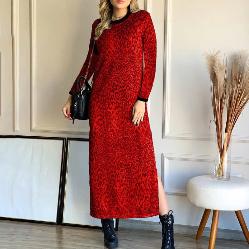 

Vintage Leopard Print Women Sweatshirt Dress 2021 Autumn Fashion O-neck Long-sleeved Split Loose Dresses Casual Ladies Dresses