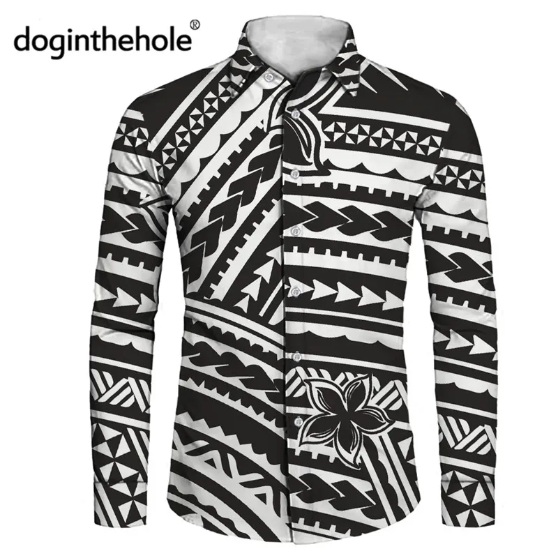 

Men's Casual Long Sleeve Shirt Polynesian Tribal Tattoo Print Vintage Button Down Autumn Top For Men Black Elegant Social Shirt