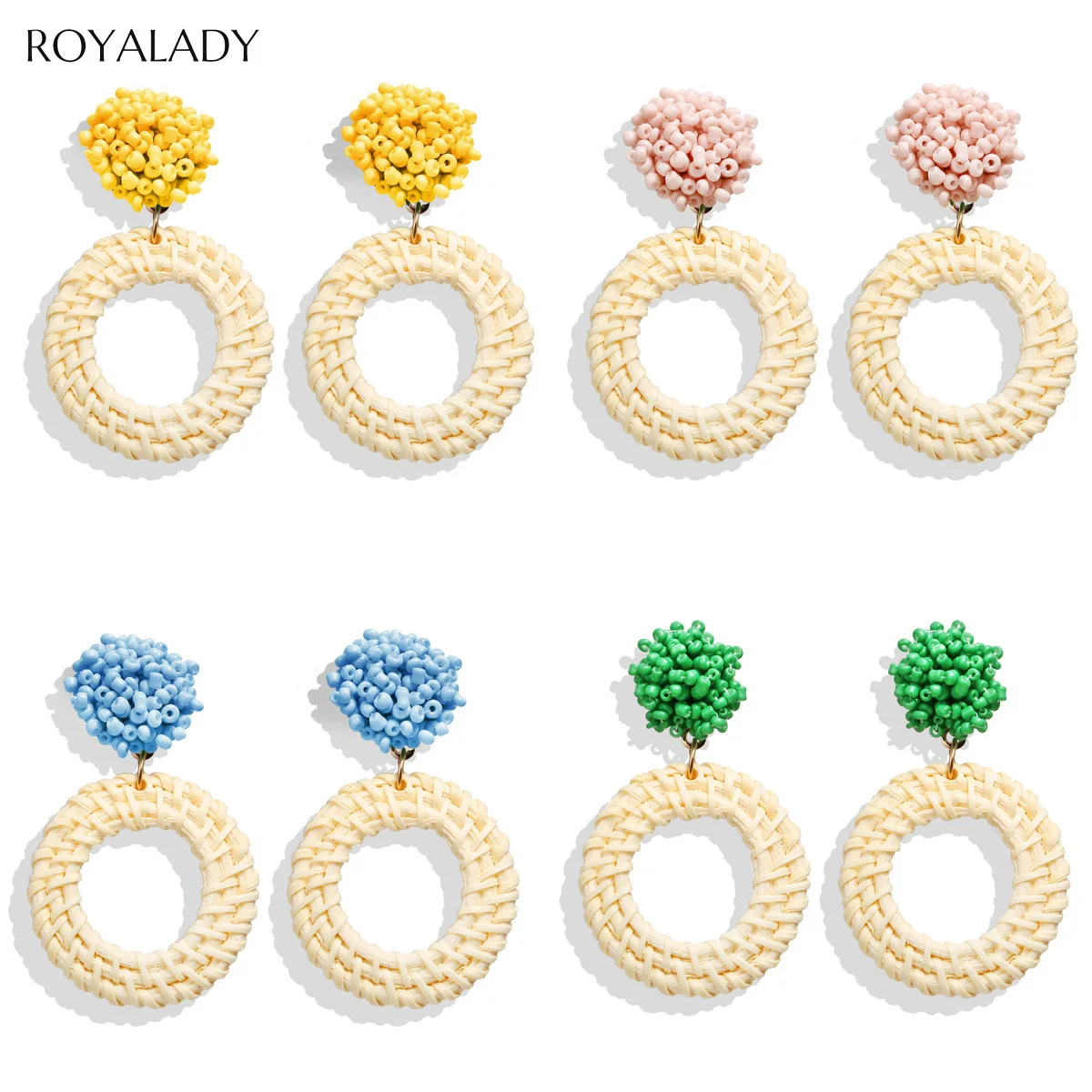 Женские серьги подвески ручной работы из ротанга в богемном стиле розовые синие