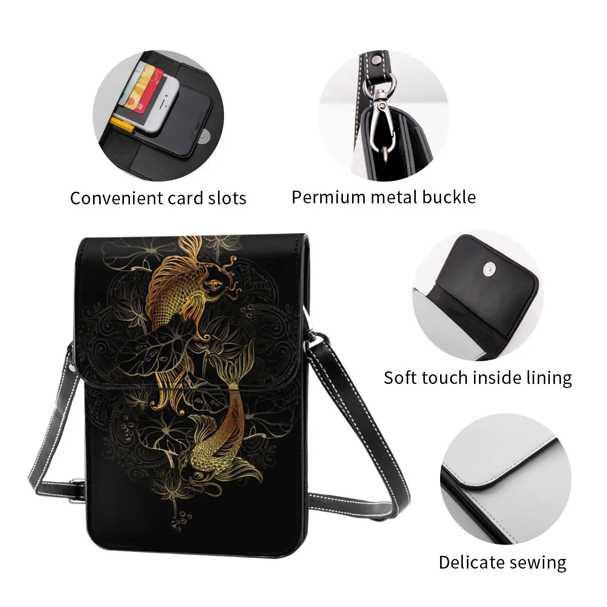 

Women Crossbody Bags Mini Phone Bag Gold Koi Carps And Lotus Small Female Shoulder Bags Ladies Messenger Bag