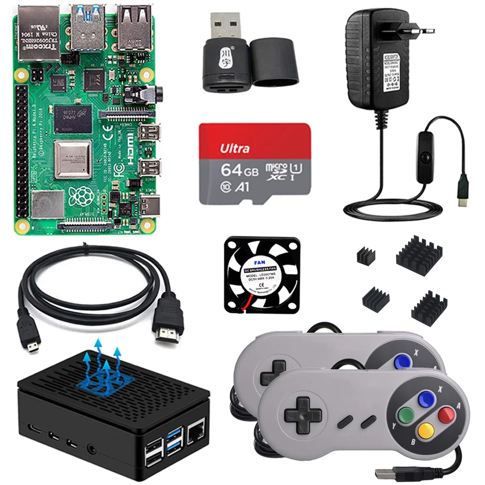 

Оригинальный игровой комплект Raspberry Pi 4 2 ГБ/4 ГБ/8 ГБ + чехол из АБС-пластика + вентилятор + геймпад USB + источник питания + теплоотвод для Raspberry Pi 4...