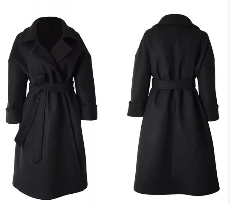 

2020 New Arrivals Women Long Woolen Overcoat Belt Black Jacket Red Black Coats