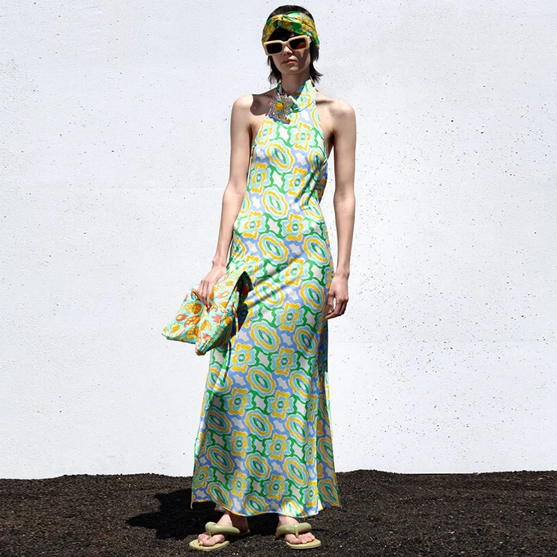 

European and American Summer New Women's Round Neck Hanging Neck Printing Waist Pocket Hip Women's Dress French Dress Women