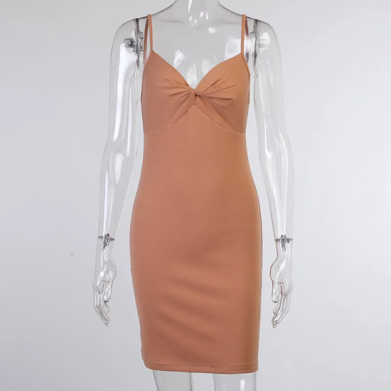 

Summer Women Sexy Dress Bodycon Spaghetti Strap Sleeveless Twist Front Knot Solid Color Slim Mini Dress for Female Ladies New