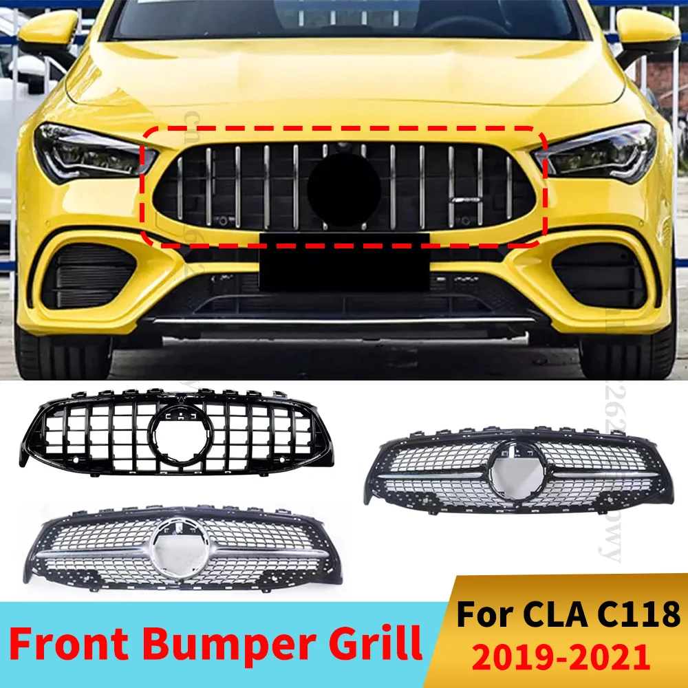 

С капюшоном, сетка для Mercedes Benz CLA C118 2019 2020 2021 Алмазный GT передний входной решетка гоночный гриль модифицированные аксессуары Facelift