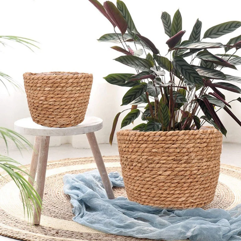 

4PCS Storage Basket Plant Flowerpot Straw Woven Plant Basket Interior Decoration Flowerpot Woven Flower Pot