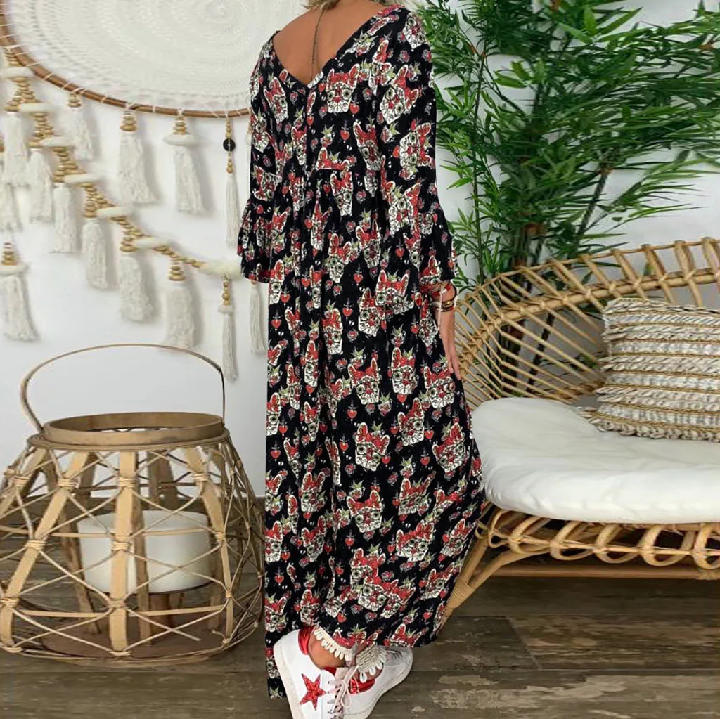 Женское свободное платье с длинным рукавом и V образным вырезом|Женские платья| |