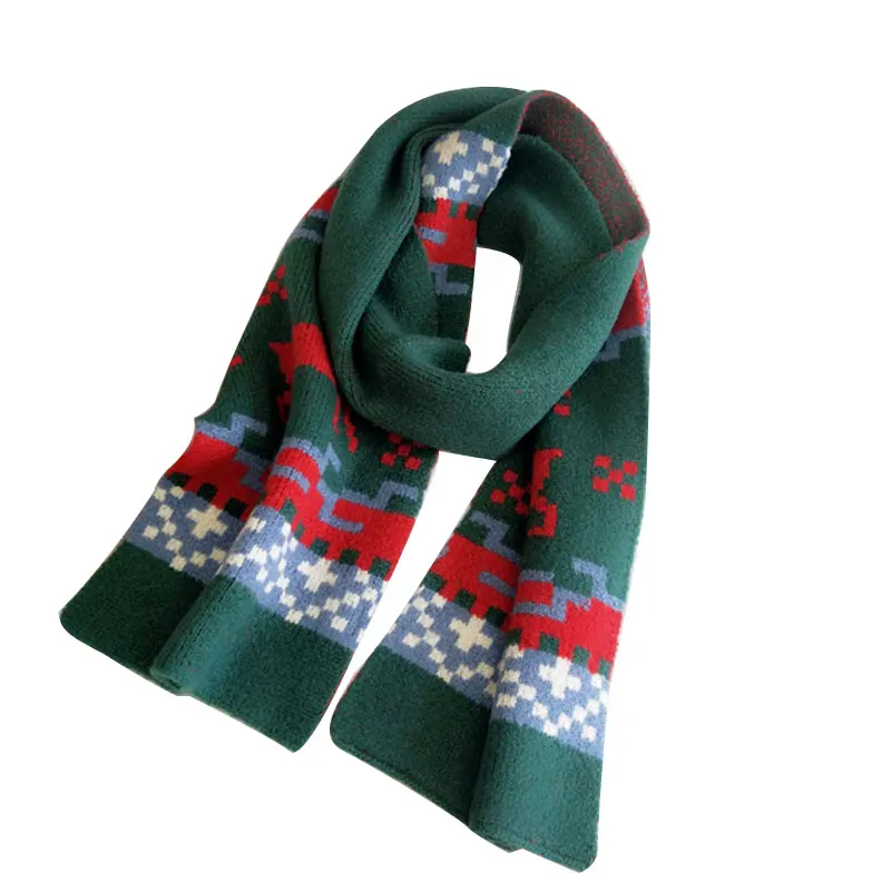 

Christmas Knitted Scarf Red Green Small Plaid Elk Pattern Xmas Thick Warm Vintage Shawls Head Scarves Unisex Soft Long Scarf