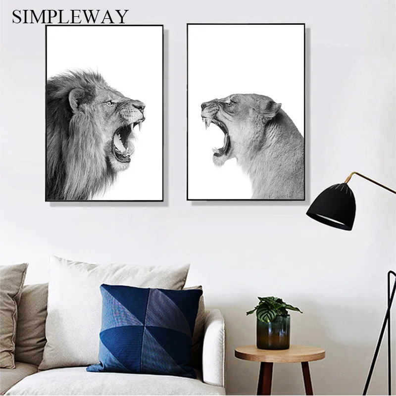 Черно белый парусиновый постер с животными настенный художественный принт льва