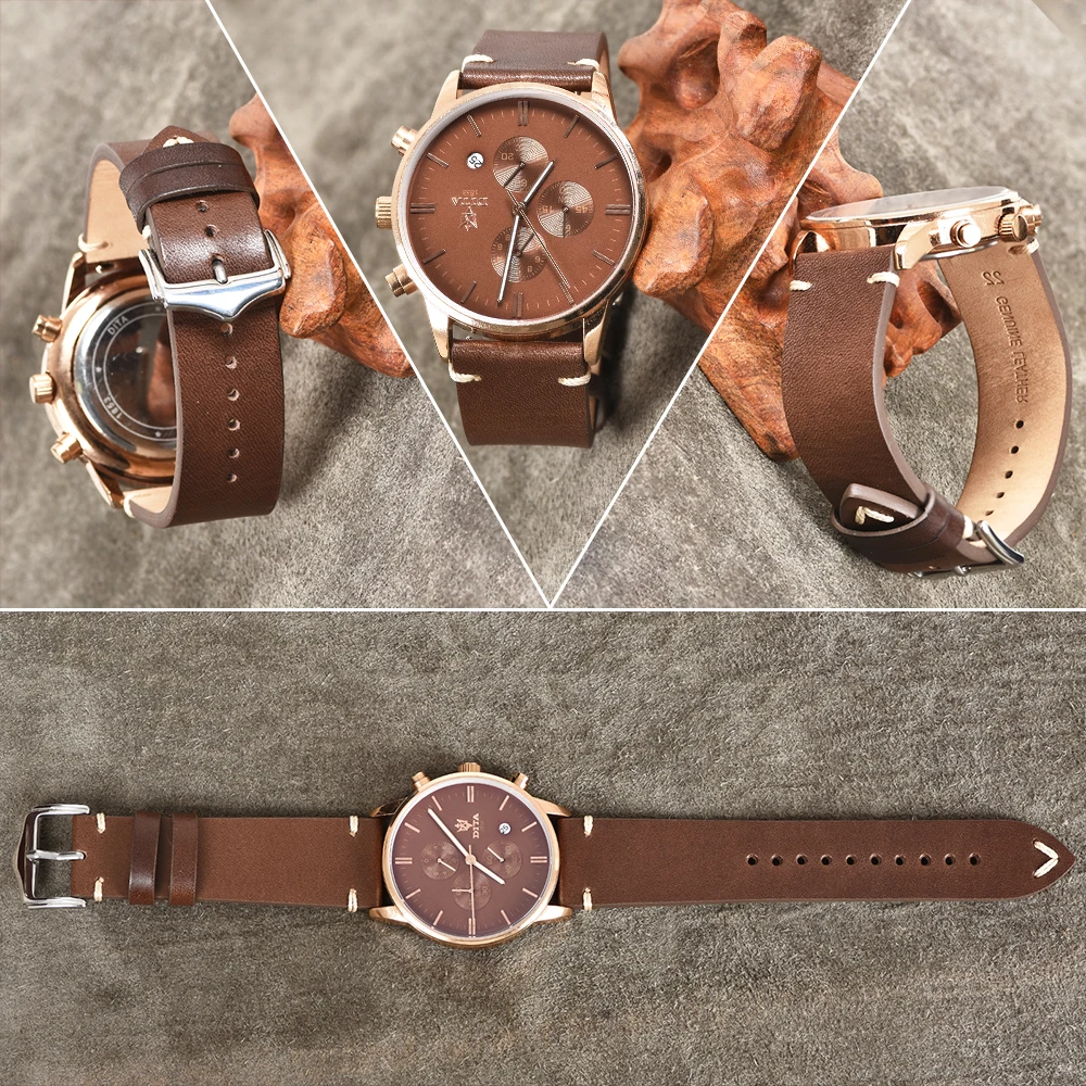 BEAFIRY New Quick Release Watch Band 18mm 19mm 20mm 22mm Vegetable-Tanned Leather Strap Watchband Dark Brown Black Yellow