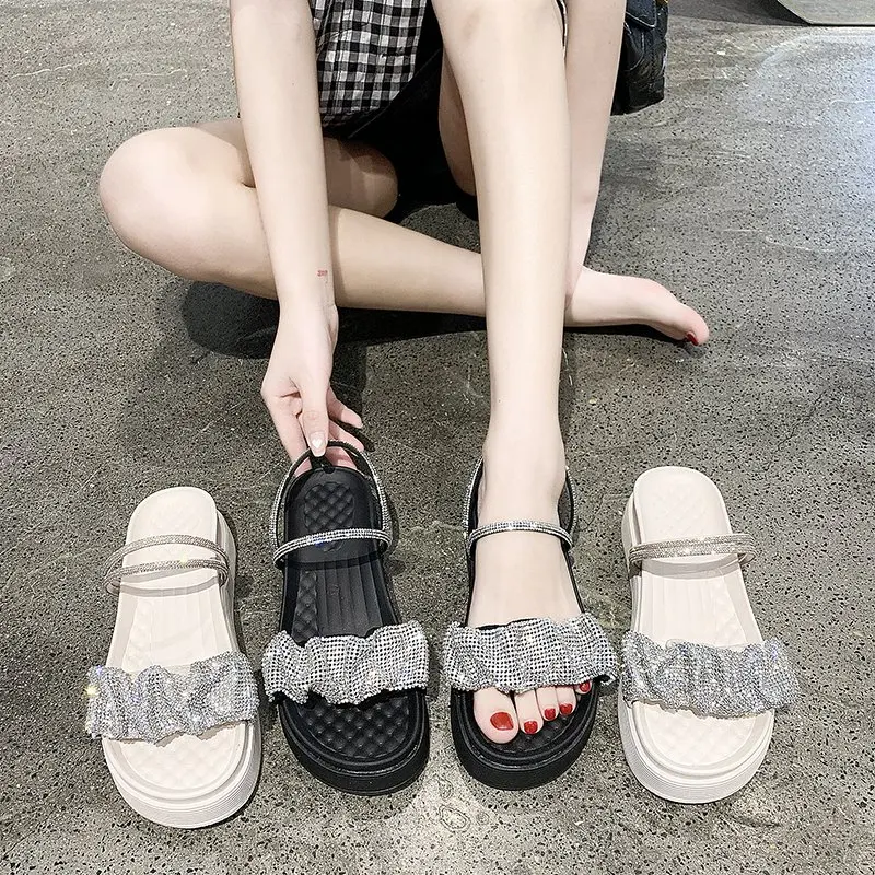 

Fashion two-wear sandals and slippers female fairy style 2021 summer rhinestone platform beach shoes with Roman shoes