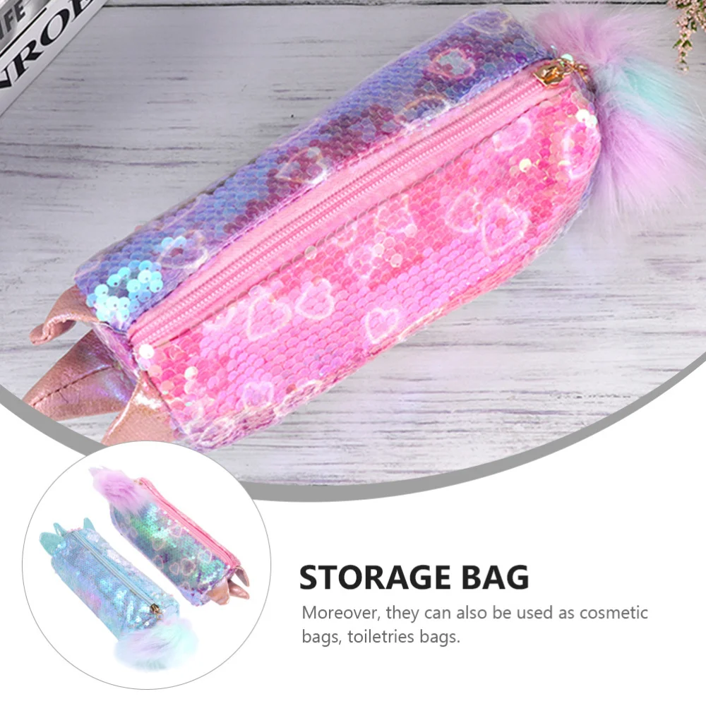 

2pcs Cartoon Pencil Cases Transparent Sequin Decor Stationery Bags