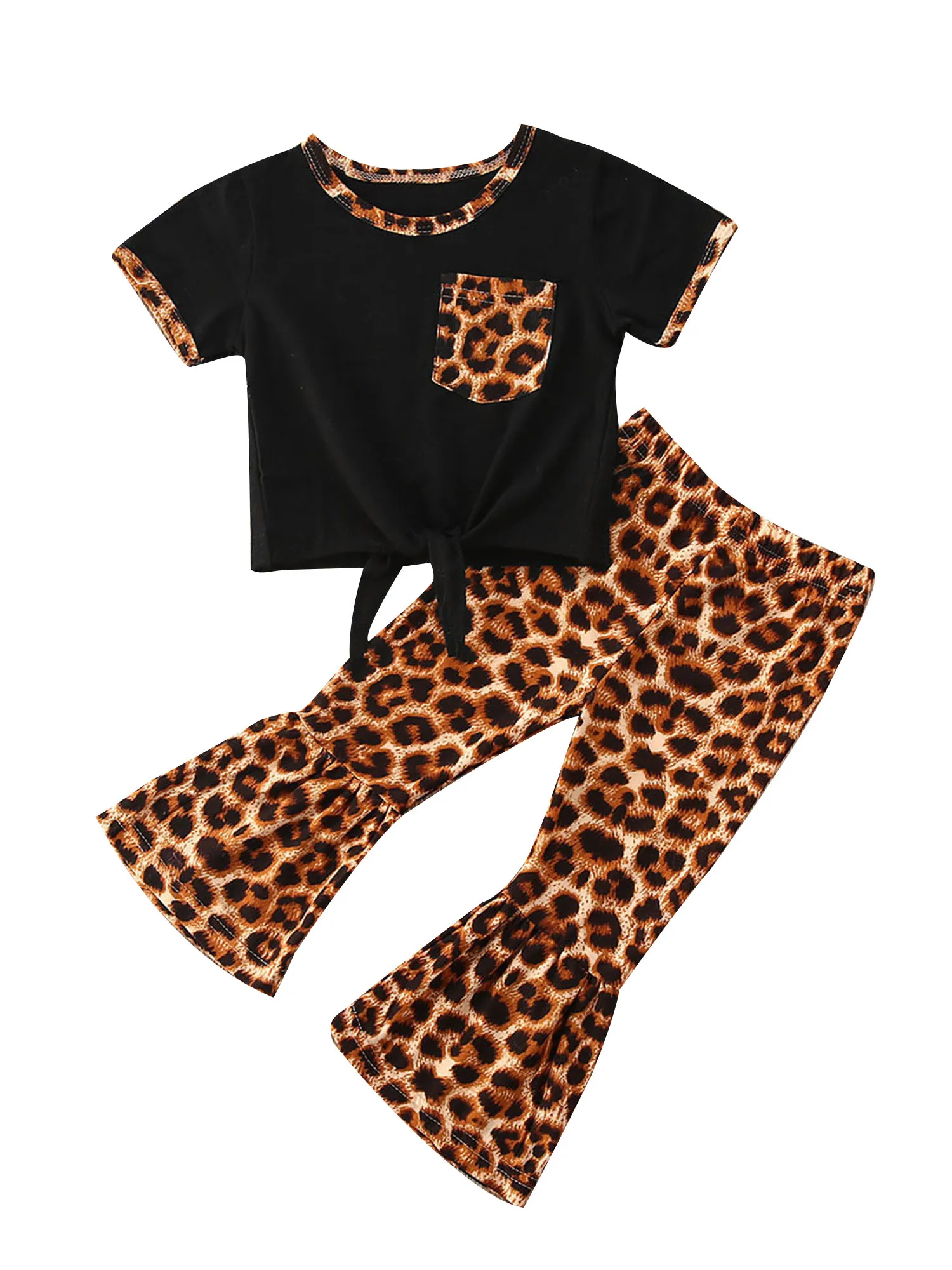 

Focusnorm/комплект одежды для девочек от 0 до 6 лет, футболка с короткими рукавами Топы + расклешенные штаны с леопардовым принтом штаны с высокой ...