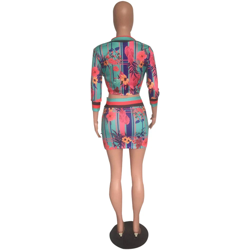

Cutubly Women'S Outfits Fashion Print Tie Up Skinny Mini Skirts Sets Tracksuit Lace Up Sexy Sleeve Floral Stripes 2 Piece Sets