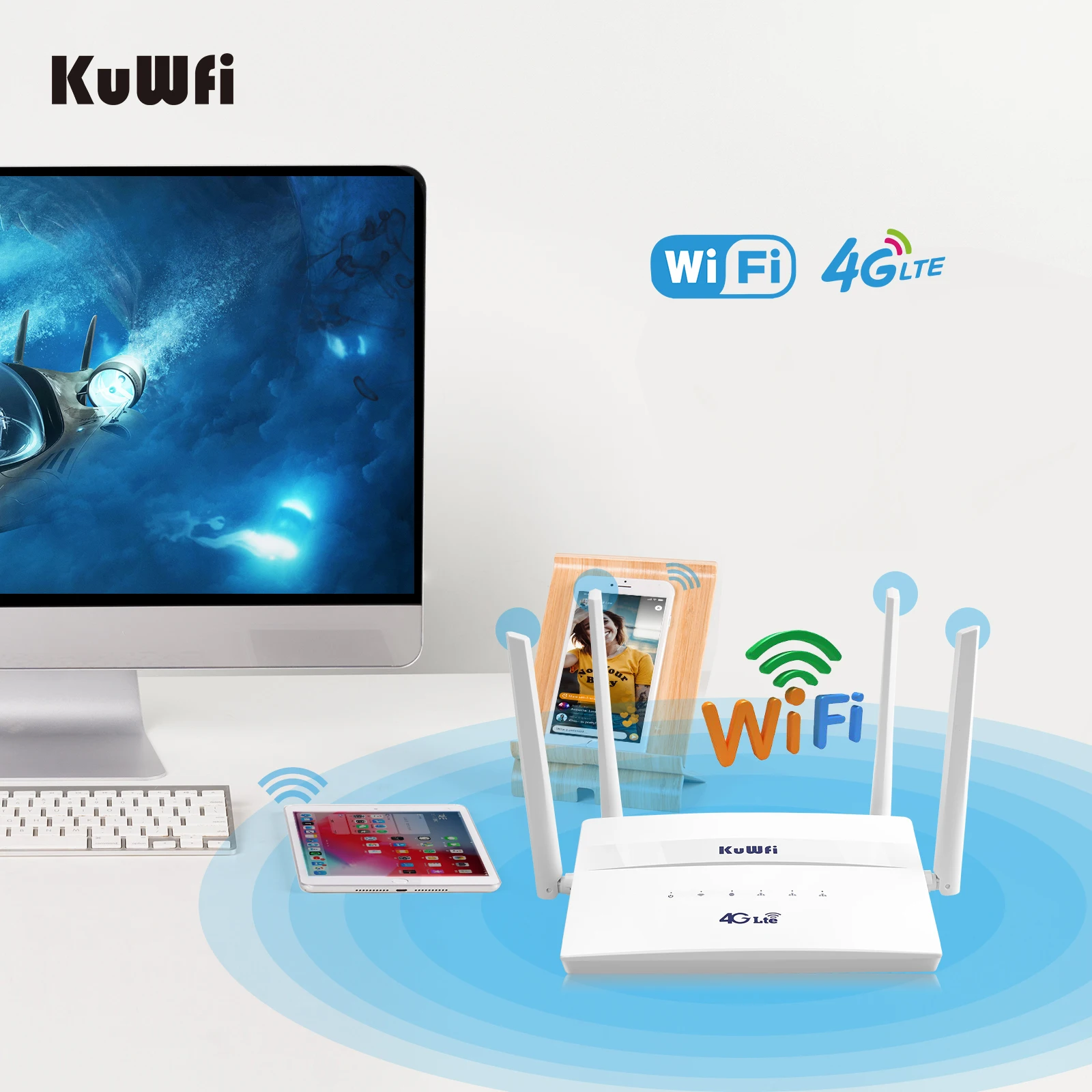 KuWFi 4G LTE CPE WiFi роутер 300Mbps беспроводной широкий охват с 4 внешними антеннами высоким