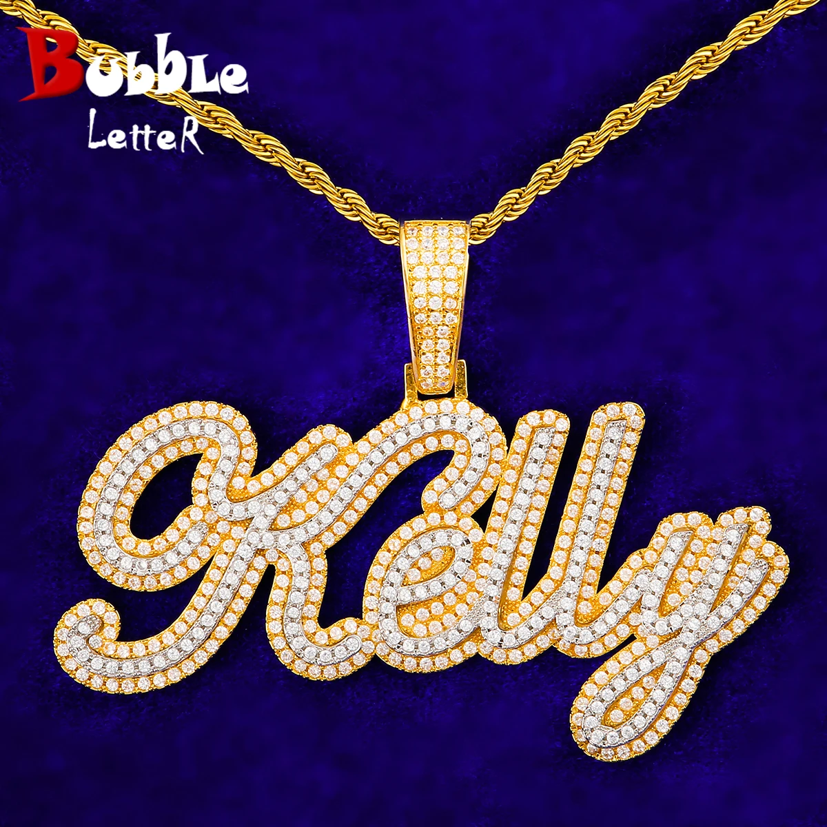Bubble Letter Iced Out Customized Necklaces Personalized Name Plates Pendants for Women Double Color Hip Hop Jewelry 2022 Trend