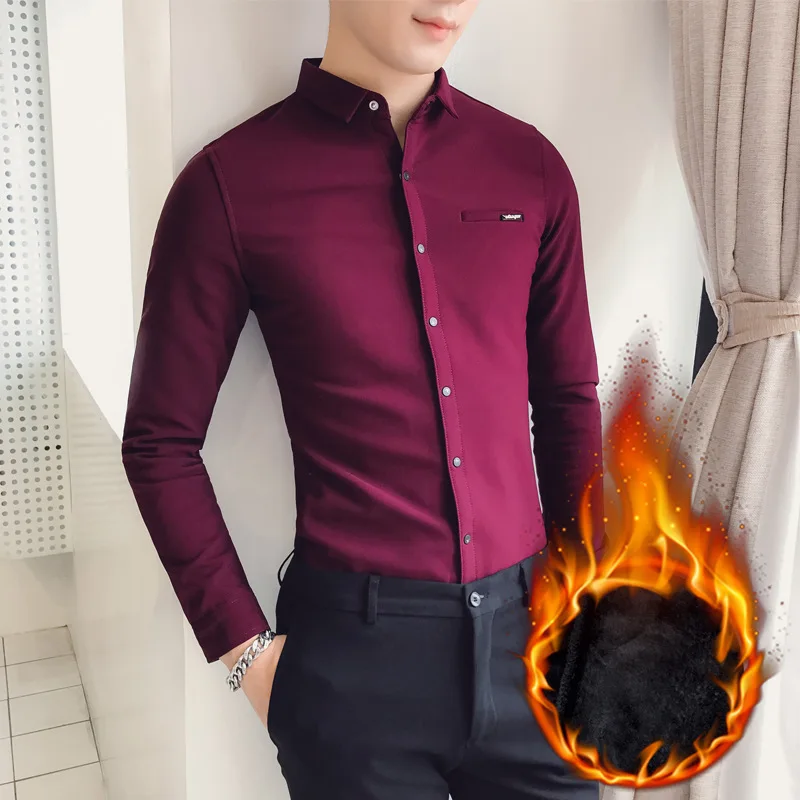 

New clothing men's lapel warm long sleeve shirt fashion plush thickened shirt self-cultivation