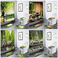 green bamboo zen buddha shower curtain set black stone candle water garden scenery bathroom carpet anti slip rug toilet bath mat