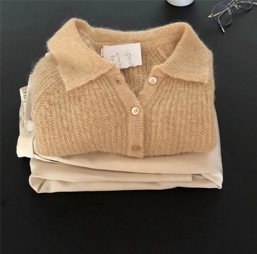 

South Korea Chic Popular Internet Hot Lazy Style Western Style Youthful-Looking Retro Free Form Sense Polo Collar Sweaters Top