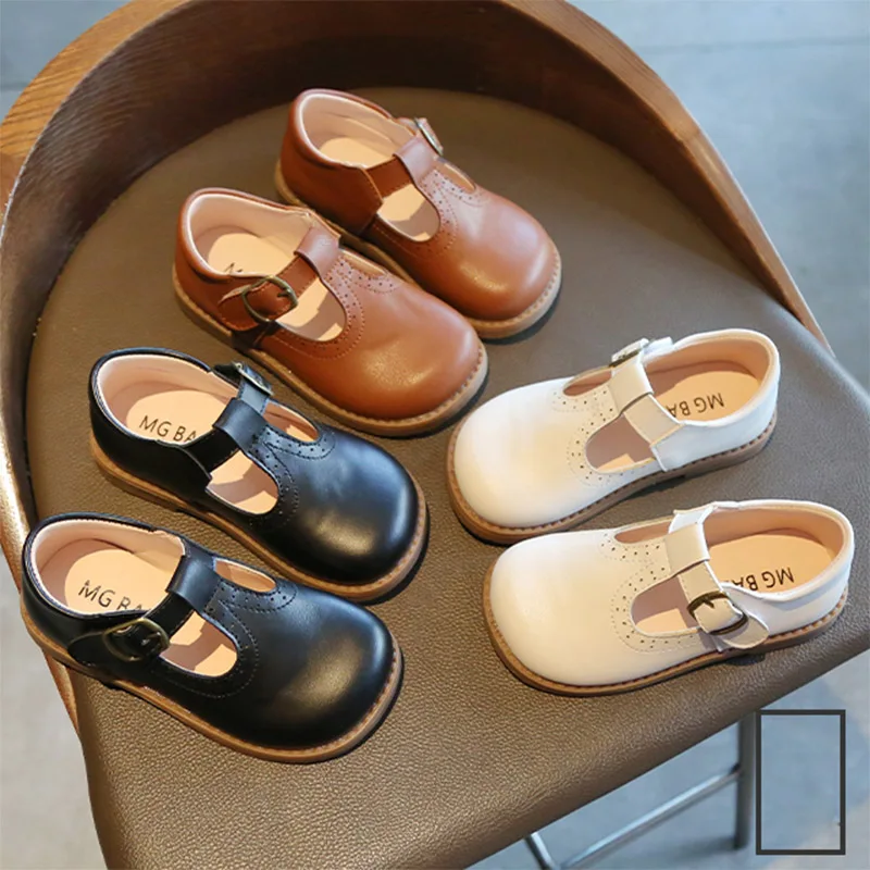 

Kids T Strap Shoes Fretwork Platform Girls Princess Shoes Buckle Mary Janes Boys Shoes Baby Children Leather Shoes Black Brown a
