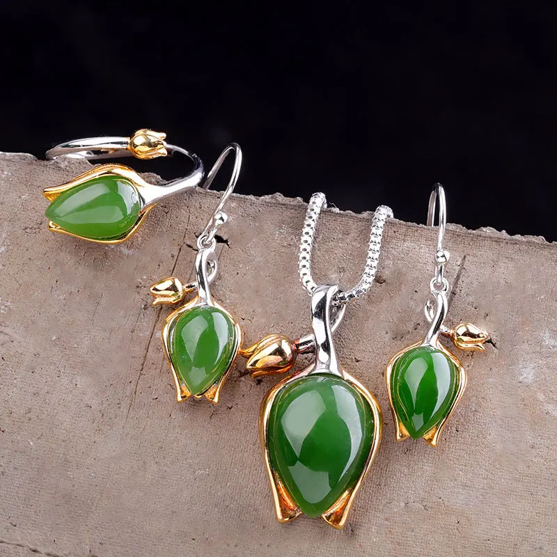 Green Jewelry Set Безглицый ручной работы тюльпан набор украшений для женщин натуральные драгоценные камни нефрит серьги кольца набор кулонов 925 серебро цветочные ювелирные изделия S02 - Цвет камня: Green Jewelry Set