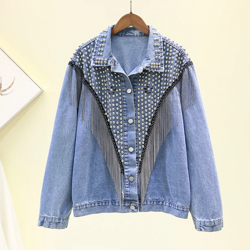 [EWQ] 2021 Новинка весны длинный рукав с бахромой и заклепками куртка размера плюс