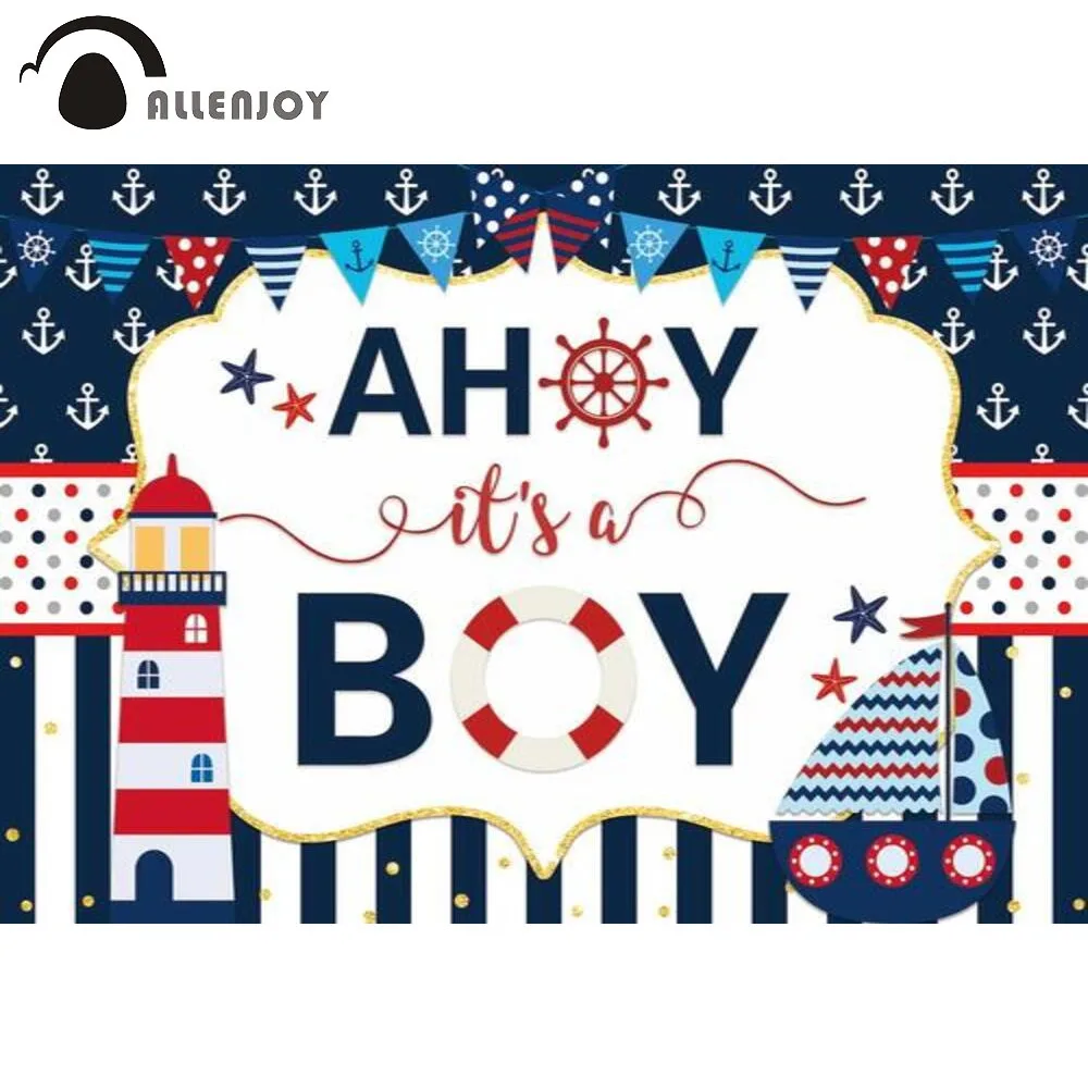

Allenjoy 1st Birthday Party Background Ahoy It is a Boy Marine Anchors Navy Sailor Lighthouse Baby Shower Backdrop Photo Studio
