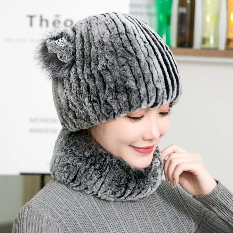 Меховая шапка женский зимний Настоящий мех кролика шапки с милыми кошачьими