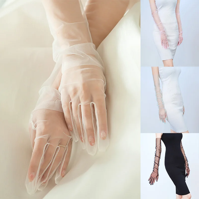 

70CM Women Ultra Thin Gloves Tulle Elbow Long Wedding Bride Dress Gloves Solid Color Sheer Transparent Sunscreen Vintage Mitten