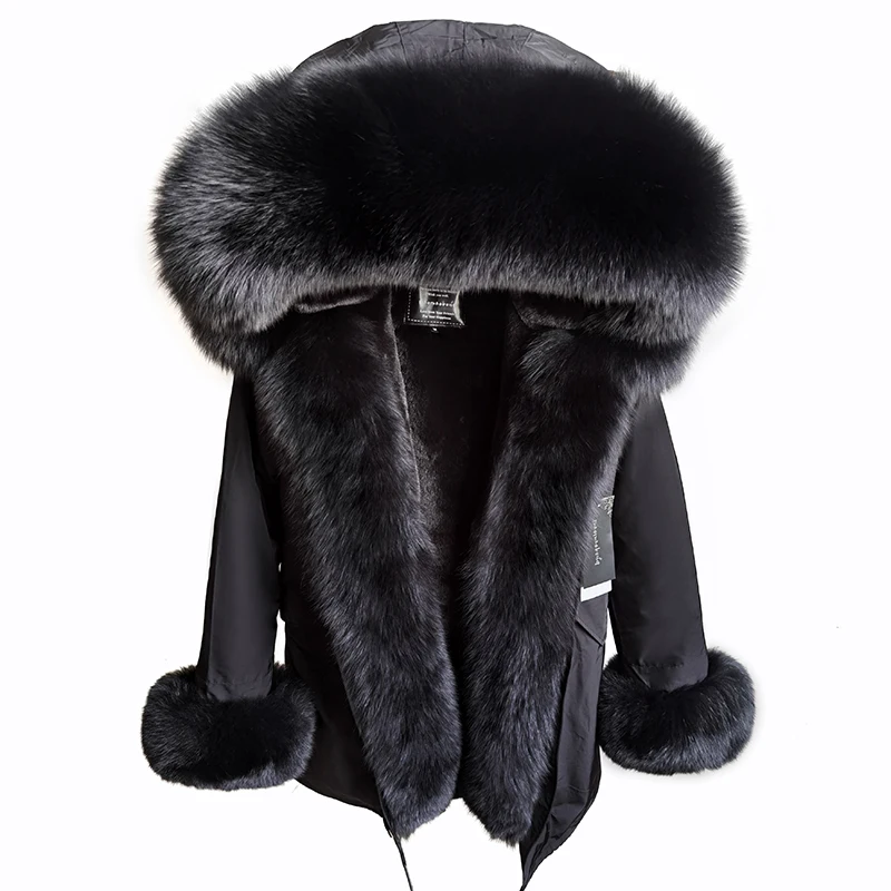 

2021 Winter Jacket 7XL Women Real Fur Coat Black Natural Real Fox Fur Collar Loose Long Parkas Big Fur Outerwear Detachable