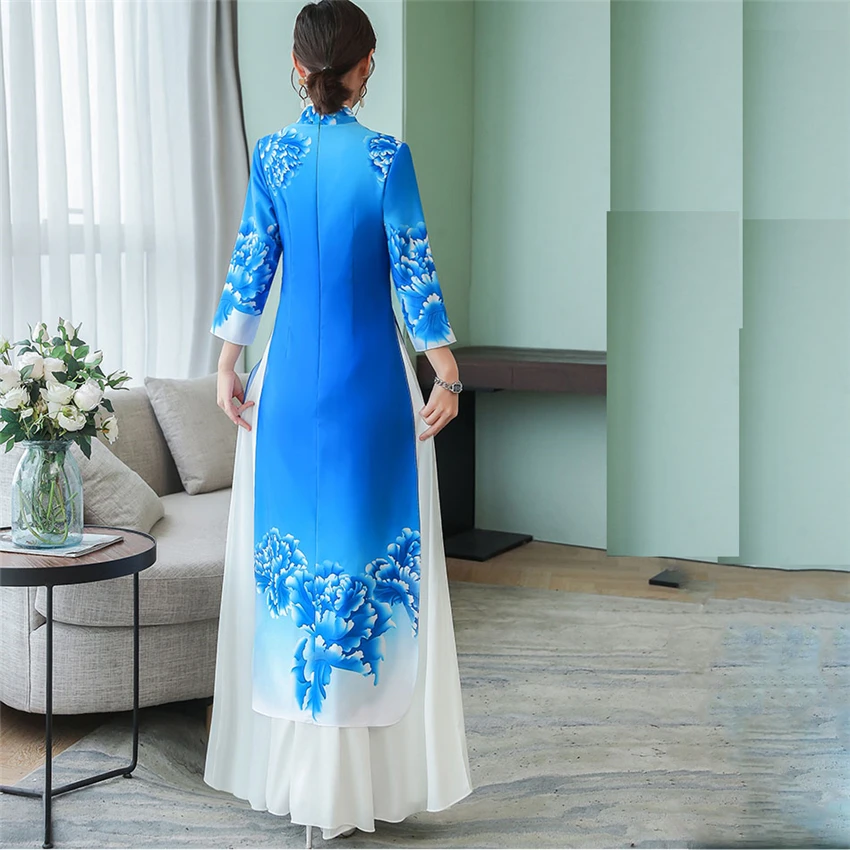 Летнее изящное китайское платье-Ципао Aodai, азиатское платье в народном стиле, народное платье с воротником для женщин, длинное классическое платье в античном стиле