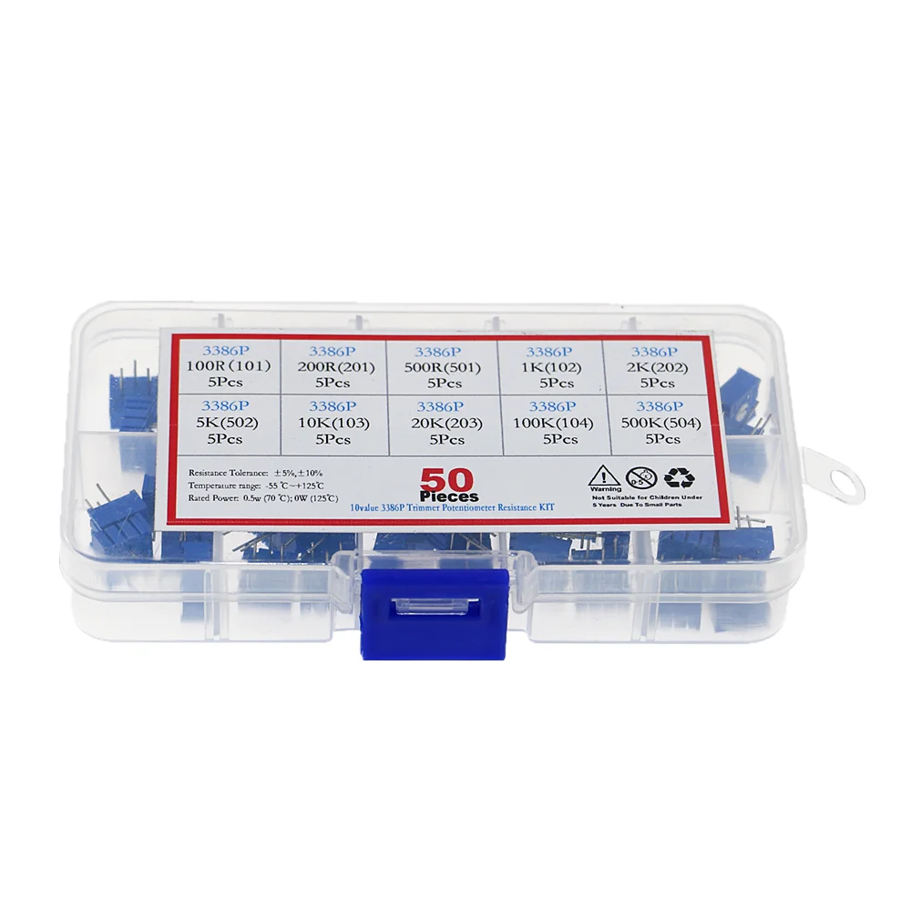 

50pcs 3386P series 100R 200 500R 1K 2K 5K 10K 20K 50K 100K 500K multi-turn potentiometer resistors kit With box set