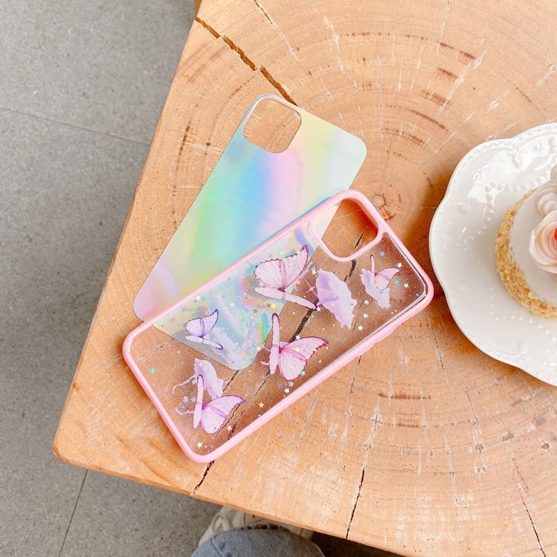 

Cute Butterfly Phone Case for iPhone SE 2020 11 12 Pro XS Max XR 7 8 6 Plus Pink Purple Glitter Soft Clear TPU Cover
