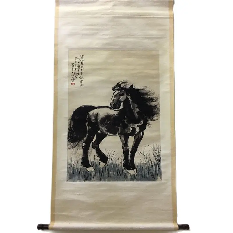 

Chinese Old Scroll Xu Beihong's Portrait Of Junma Painting Rice Paper Middle Hall Painting