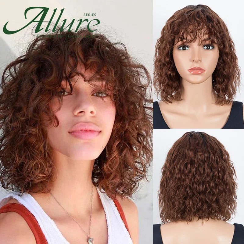 

Short Curly Bob Wig With Bangs For Black Women Human Hair Remy Brazilian Wig Loose Curly Wigs Cheap Full Machine Wigs Allure
