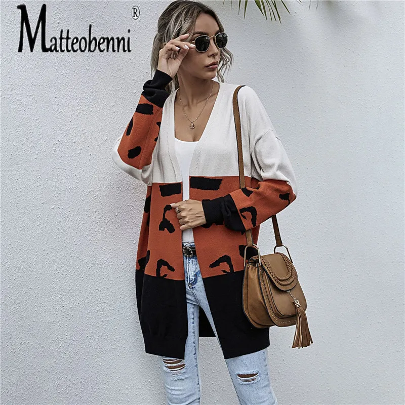 Кардиган с леопардовым принтом и прострочкой свитер средней длины женская