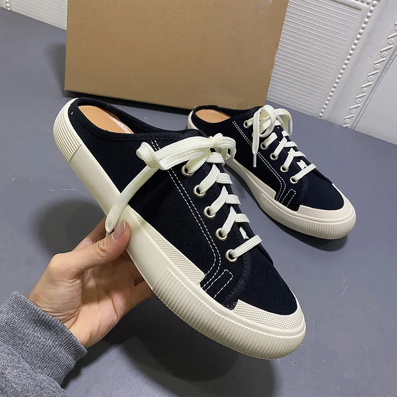 

2021 New Spring Black Lace-up Slingback Sneakers Canvas Shoes Round Toe Casual Half Slippers Women
