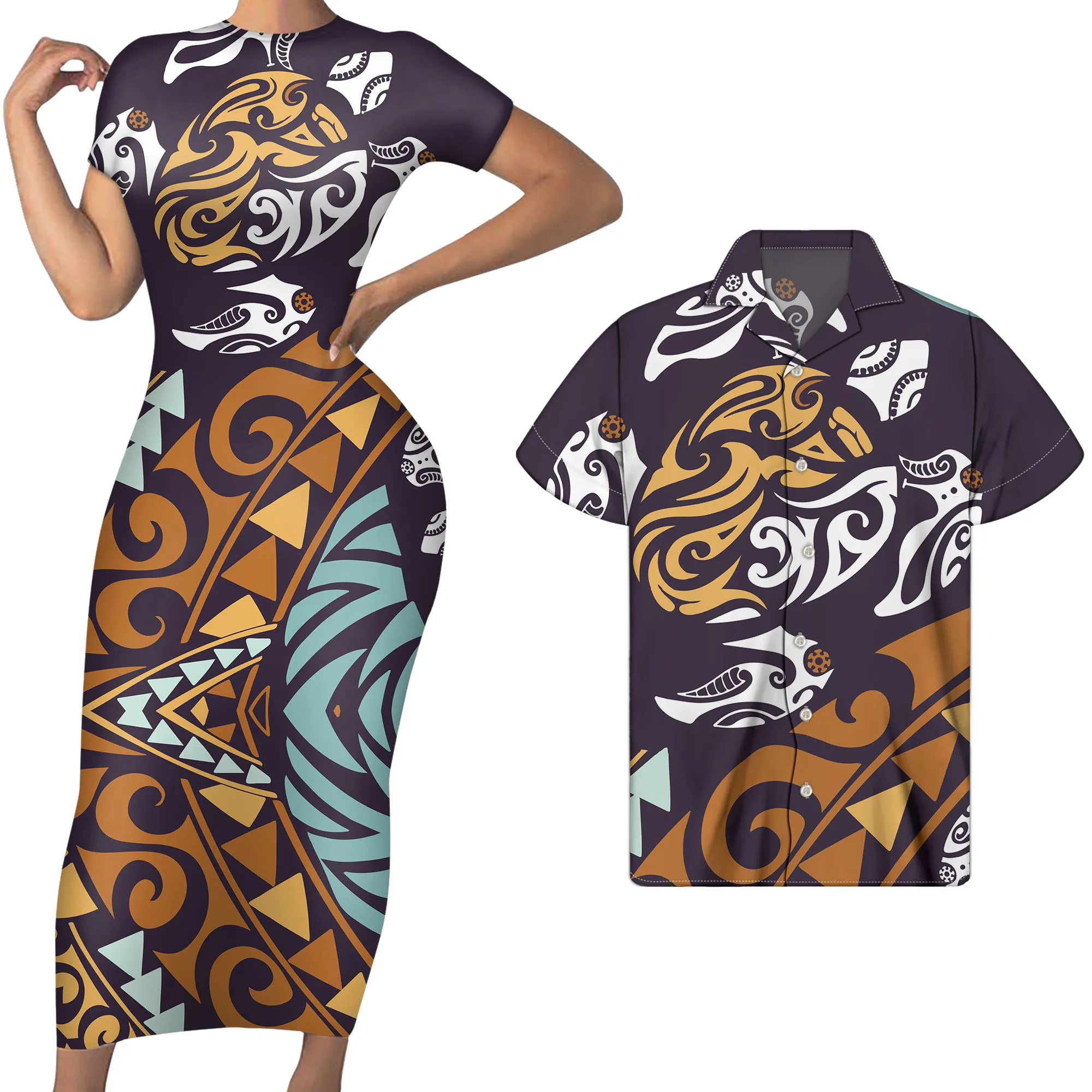 

WHEREISART Maxi Dress Women Short Sleeve Prom Ddress Fashion Polynesian Tribal Turtle Pattern Men Summer Shirt Lady party Cloth