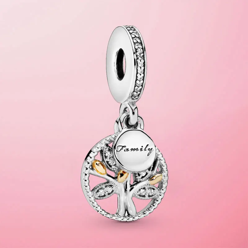

925 Sterling Silver Sparkling Family Tree Dangle Charm Beads Fit Original pan Bracelet Pendant Necklace Jewelry