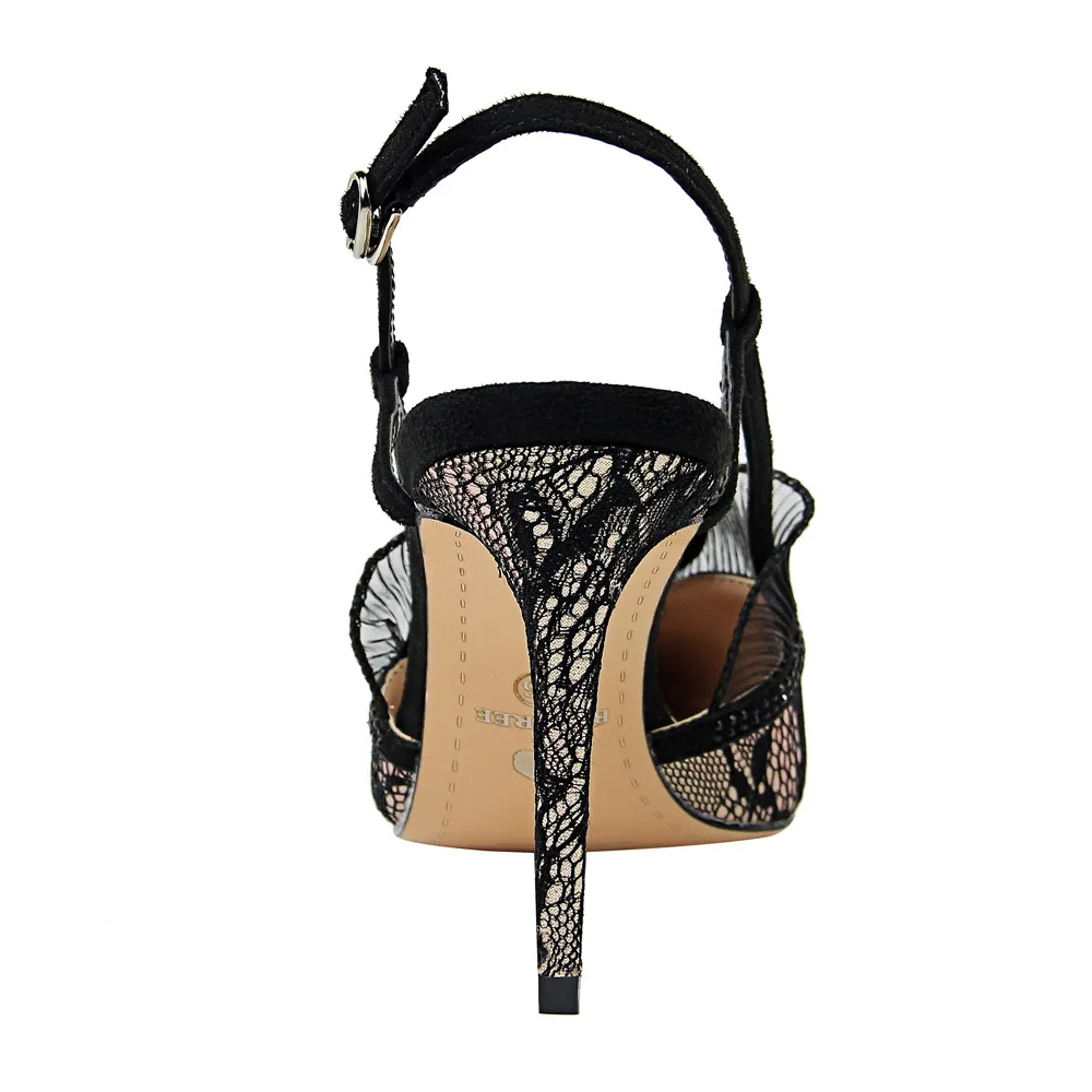 Женские босоножки на высоком каблуке BIGTREE черные сетчатые с цветочным кружевом