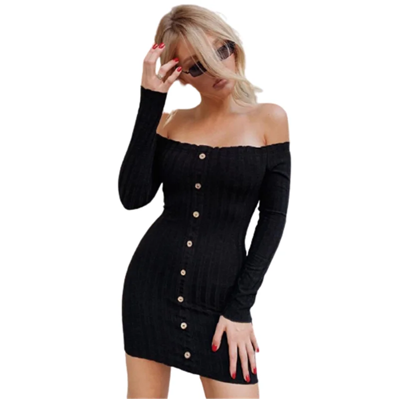 

High Waist Long Sleeve Black Gray Mini Bodycon Dress For Women Sexy Club Party Slash neck Backless Dresses Spring Autumn Clothes