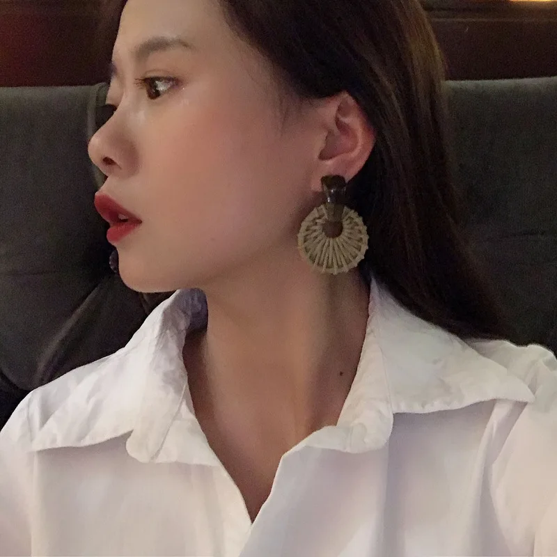 

Vintage Imitation bamboo rattan weaving exaggerated resin earrings female temperament long Wood earrings for women