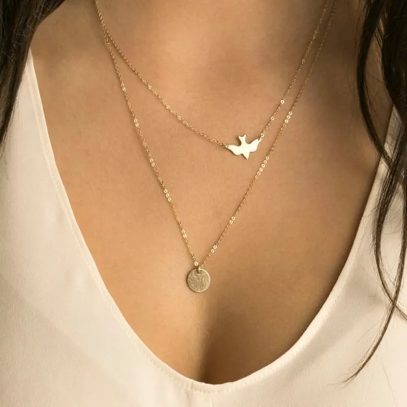 Золотые простые многослойное ожерелье для женщин Peace Dove блестки двухслойный