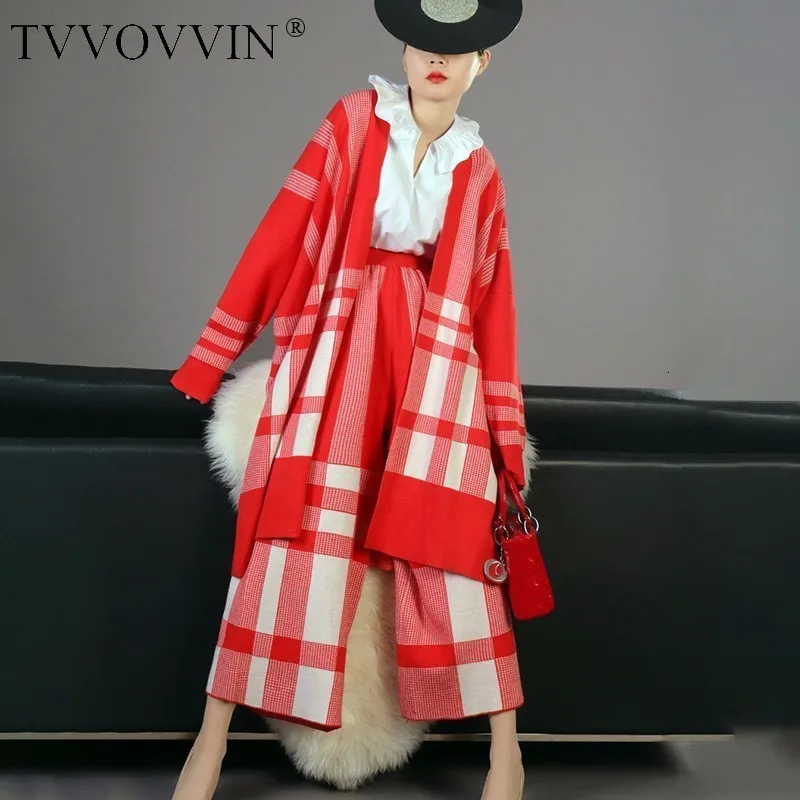 TVVOVVIN, высокое качество, новинка, Красный Клетчатый вязаный кардиган, пальто и свободные широкие штаны, Женский комплект из 2 предметов, Vestido L896