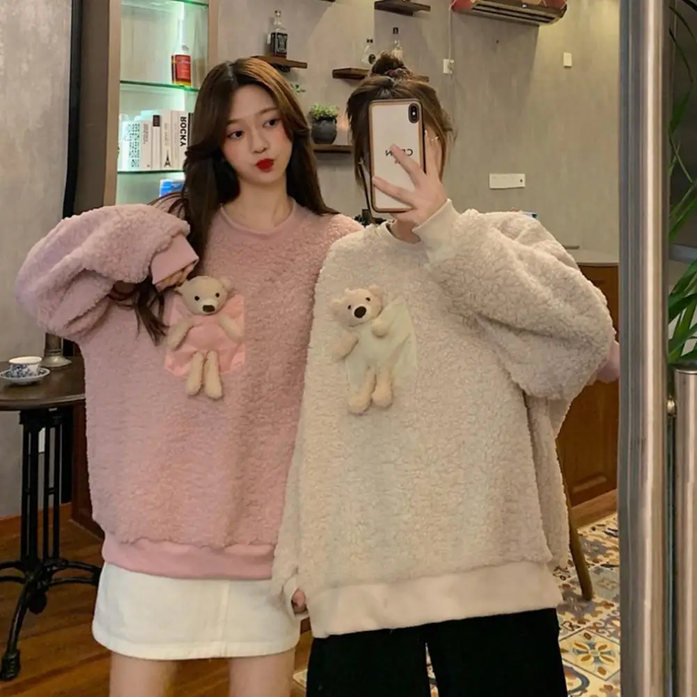 

Sweatshirt Women Autumn Winter Long Sleeve Faux Fleece Sweatshirt Cute Bear Blouse Pullover
