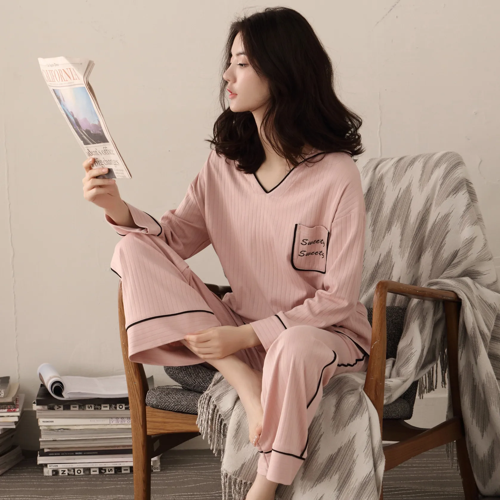 Sleepwear Women Cotton 2 Piece Pajama Set Spring Autumn Woman Princess Round Neck Long Sleeved Plus Size Korean Pajamas